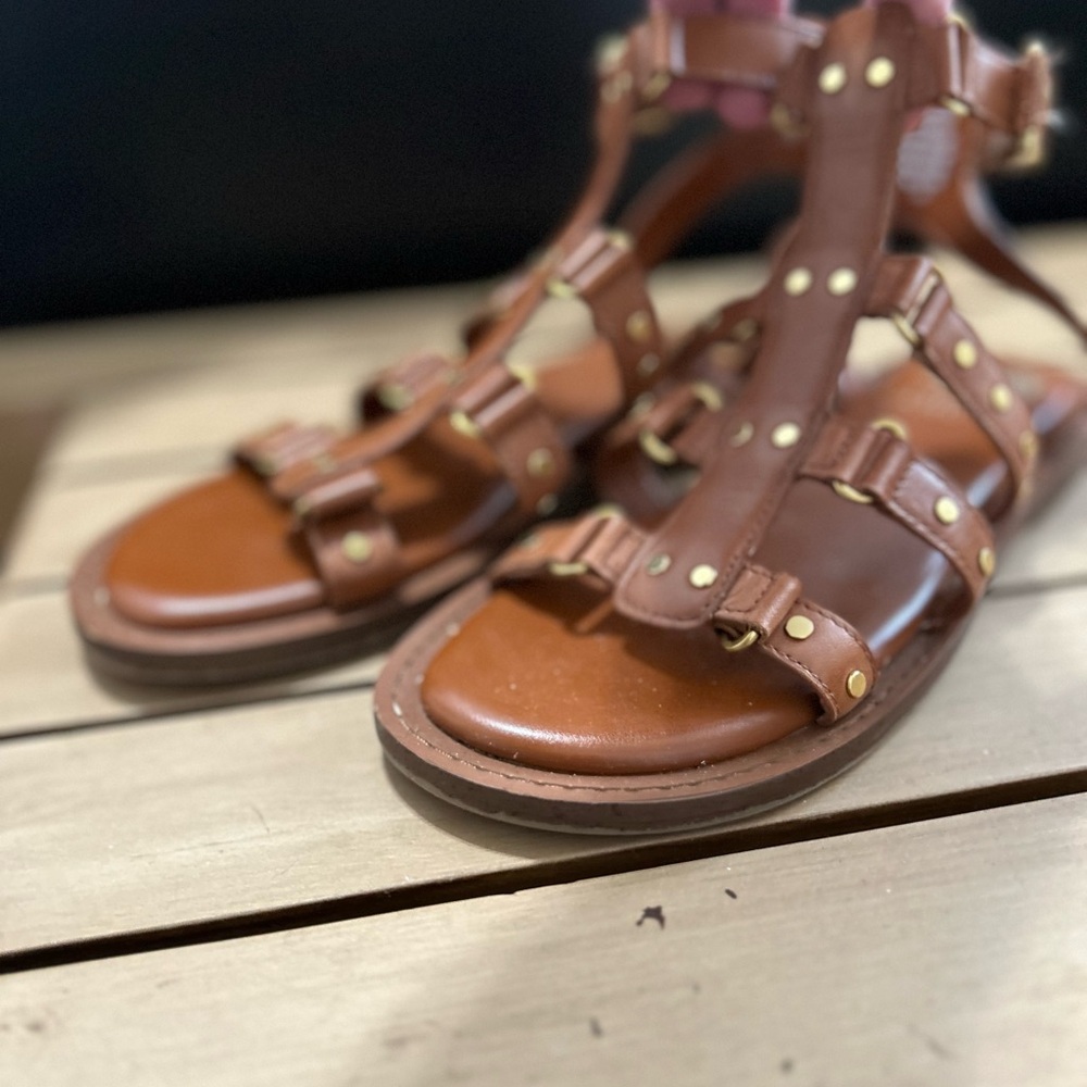 Vince Camuto Brown Leather Sandals with Gold Studs